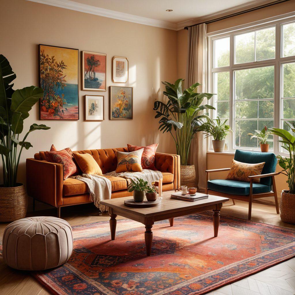 A cozy and inviting living room filled with various home decor elements like elegant rugs, stylish cushions, and charming wall art. Sunlight streaming through large windows showcasing plants and vibrant colors, creating a warm atmosphere. A beautifully arranged coffee table with candles and books adds to the charm. The overall theme is transformation, showcasing before and after elements for inspiration. super-realistic. vibrant colors. soft natural lighting.