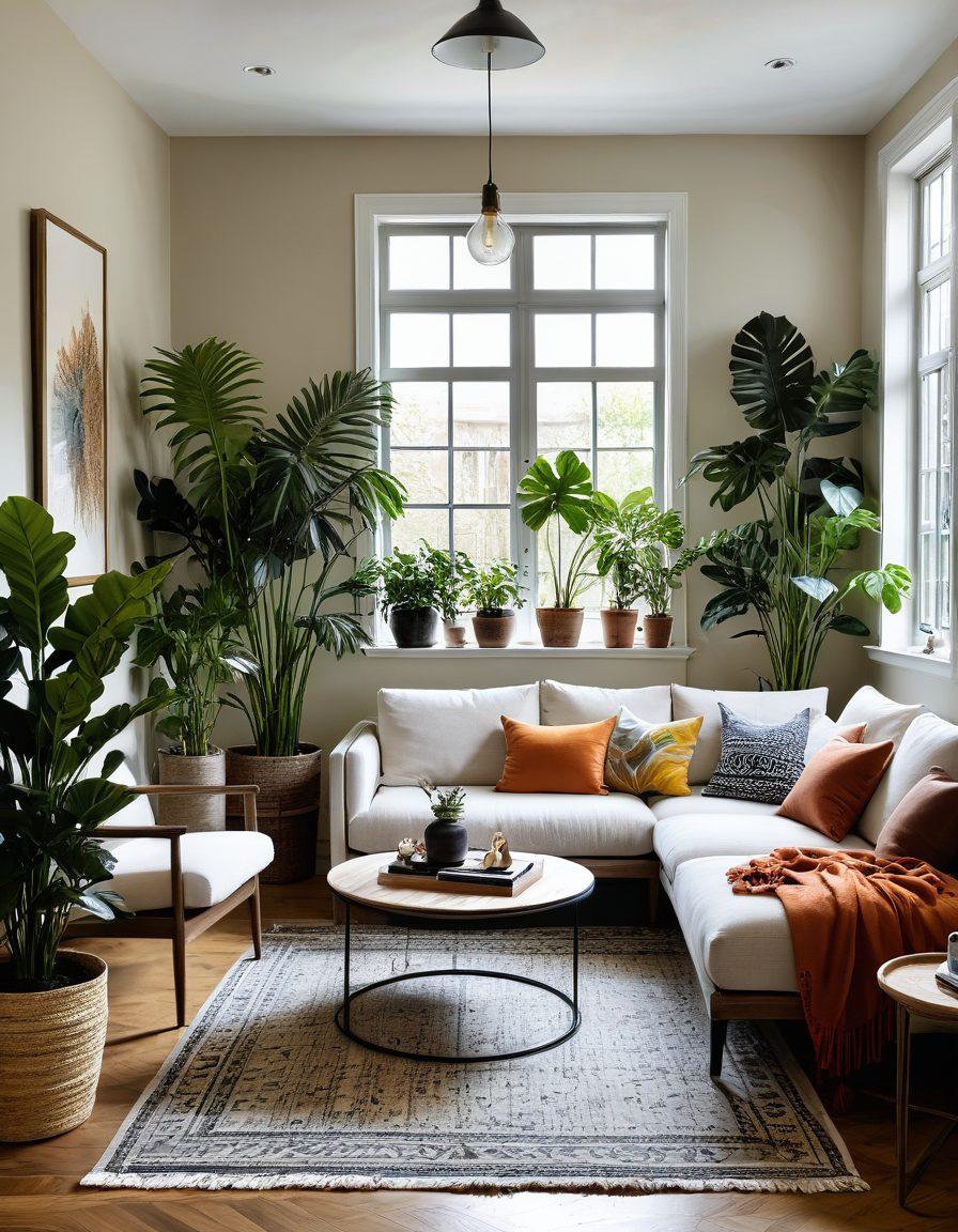 A beautifully curated living space featuring lush indoor plants, elegant furniture, and artistic decor elements, bathed in warm natural light. Include unique wall art and cozy textiles that invite relaxation. Showcase a blend of modern and rustic styles for a harmonious aesthetic. vivid colors. stylish interior design. bright and airy feel.