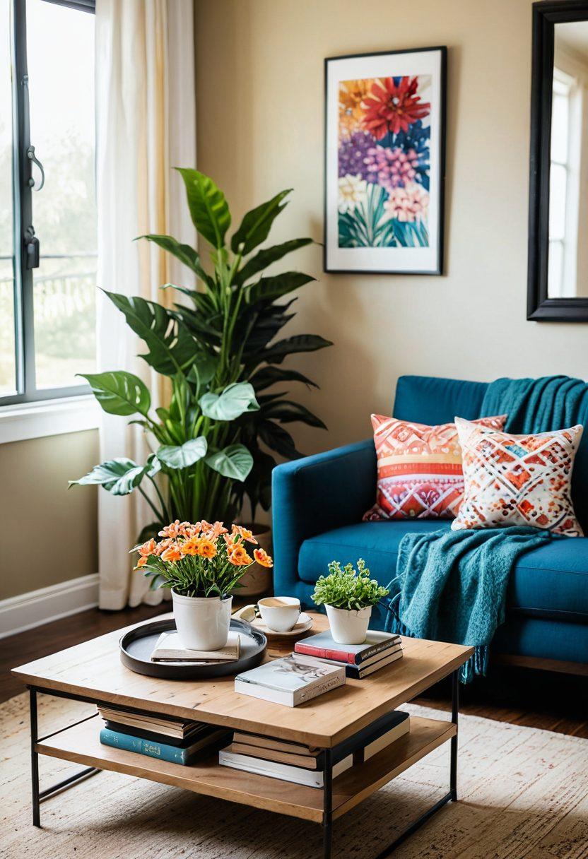 A cozy living room adorned with whimsical decor, featuring a colorful accent wall, unique handmade furniture, and lush indoor plants. A warm light source casts inviting shadows, while tasteful artwork hangs on the walls to evoke creativity. Include a stylish throw blanket draped over a chair and a decorative coffee table laden with books and vibrant flowers. soft-focus background with light bokeh effect. super-realistic. vibrant colors.